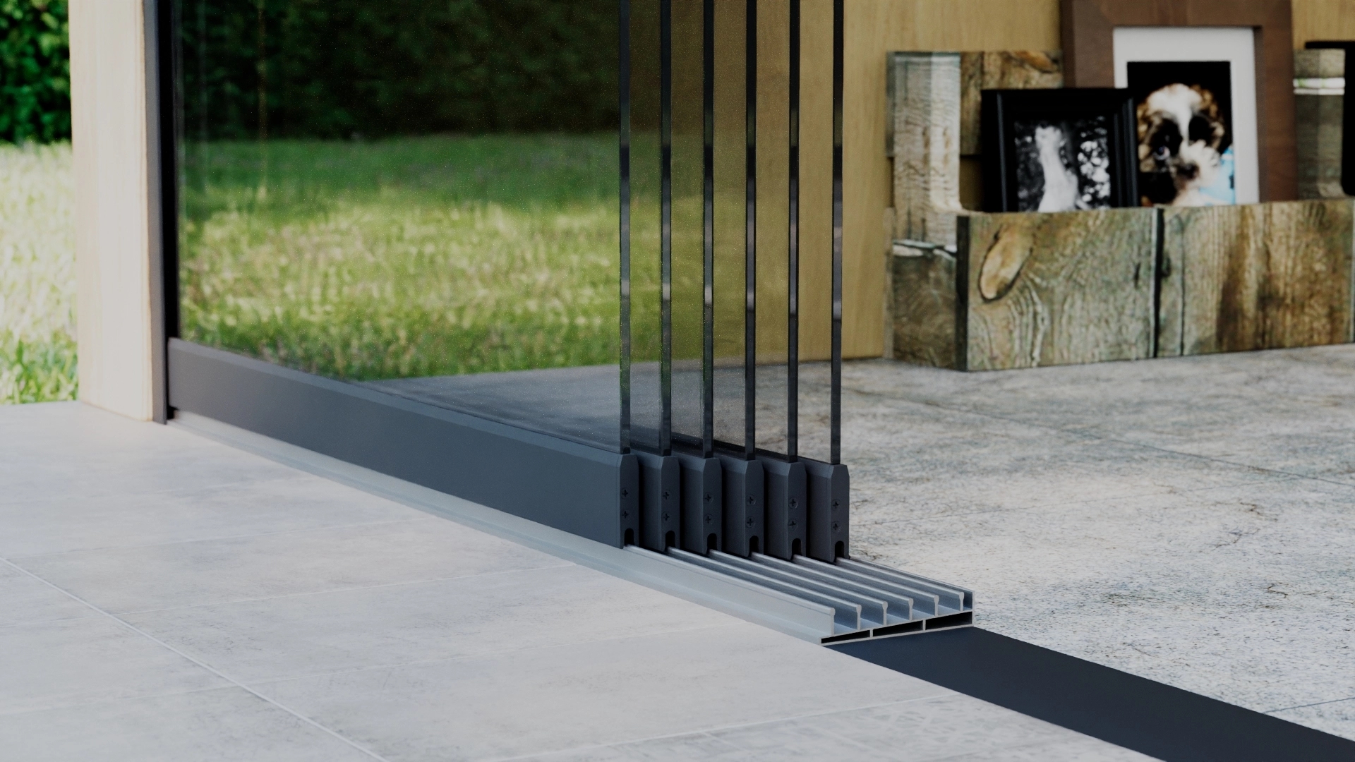 Glazen schuifwand 6-rail 5,78m Antraciet RAL 7016 met helder glas 8mm