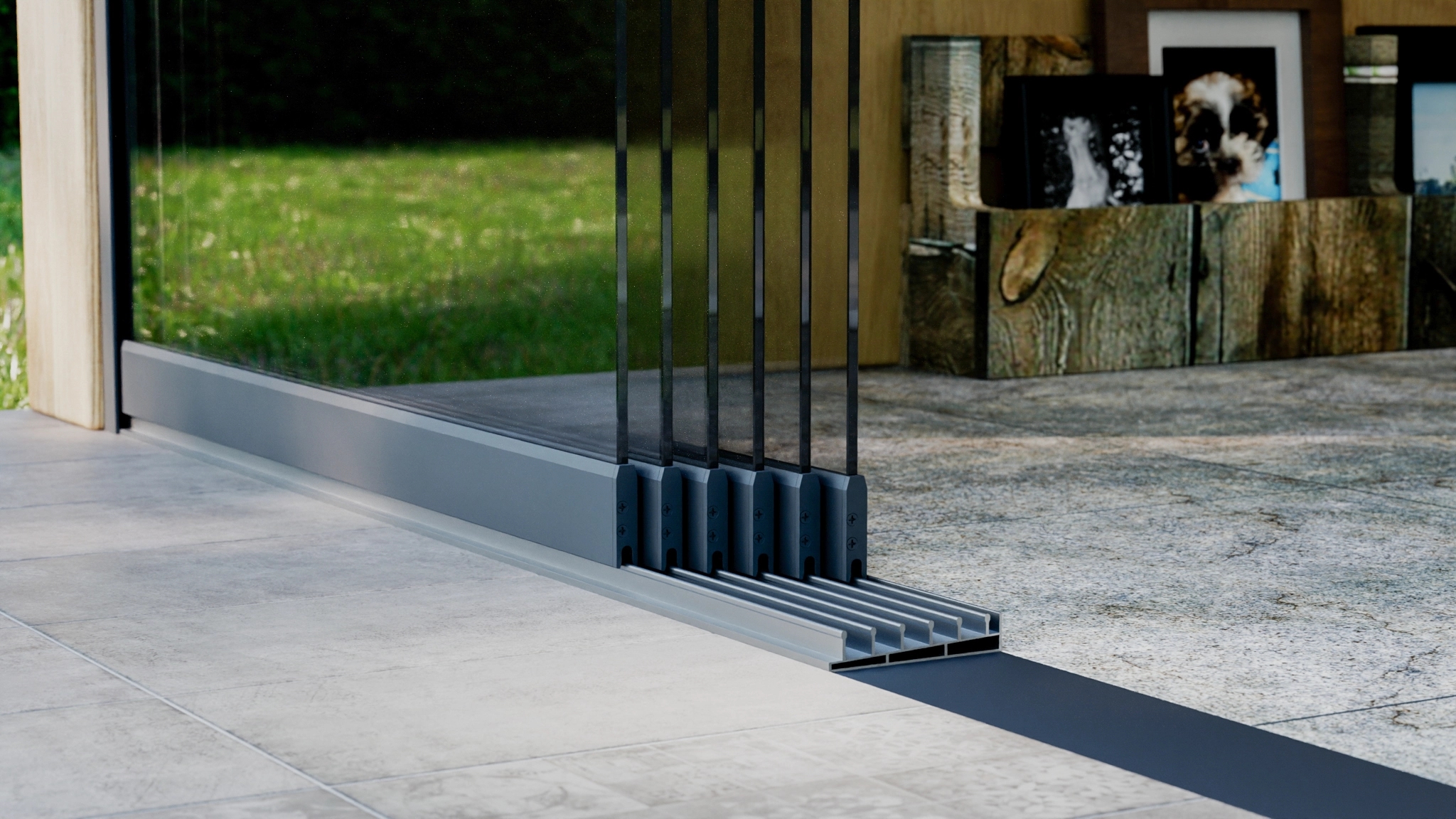 Glazen schuifwand 6-rail 6m Antraciet RAL 7016 met helder glas 8mm