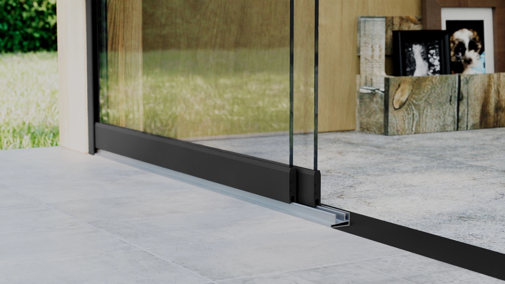 Glazen schuifwand 2-rail 2m Zwart RAL 9005 met helder glas 8mm