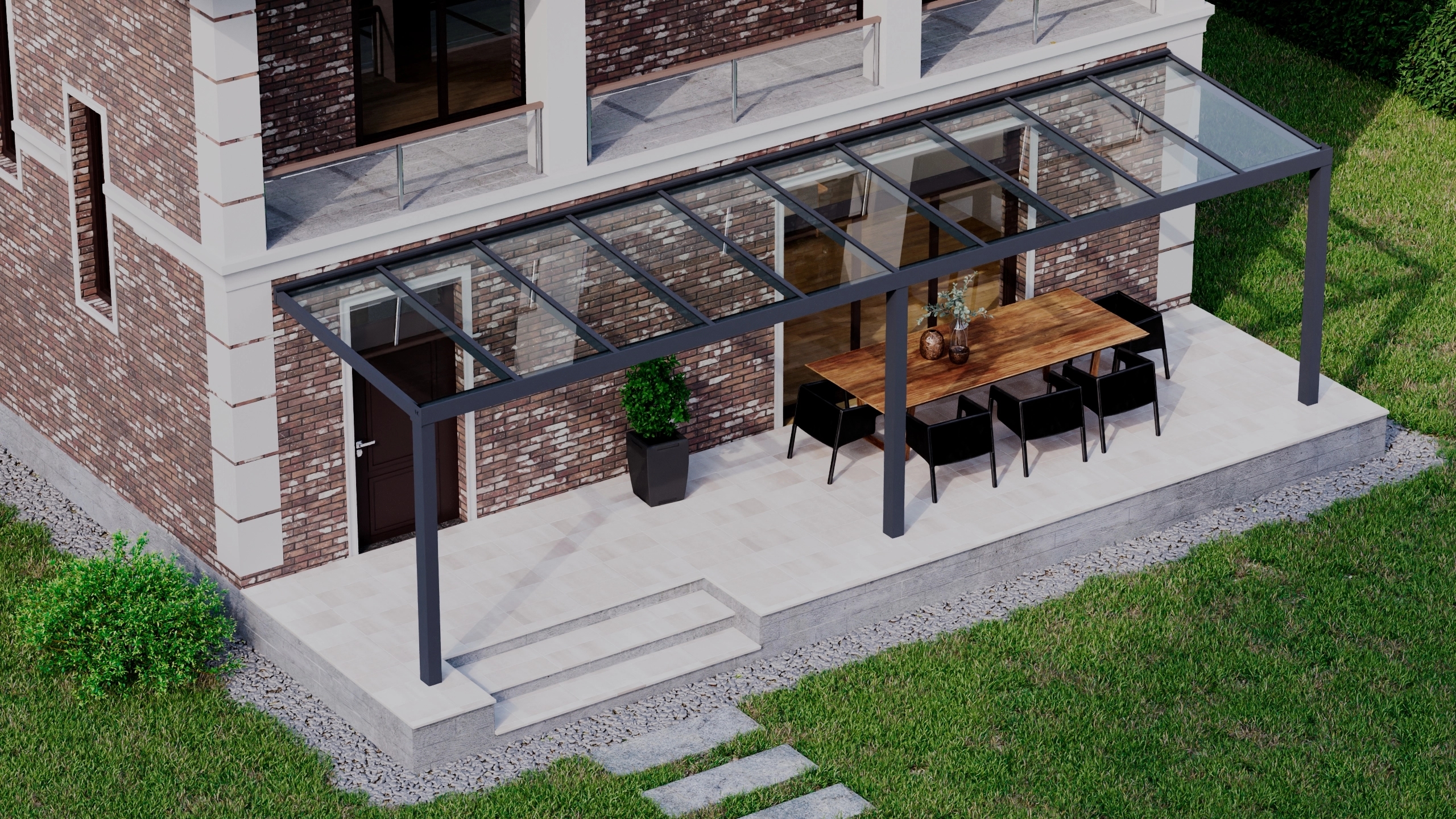 Terrasoverkapping 10,06m x 2,5m Antraciet RAL 7016 met VSG helder glas 8mm
