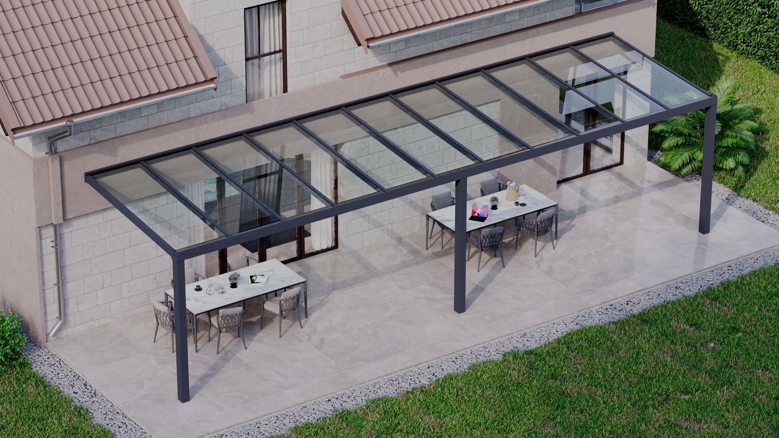 Terrasoverkapping 11,06m x 3m Antraciet RAL 7016 met VSG helder glas 8mm