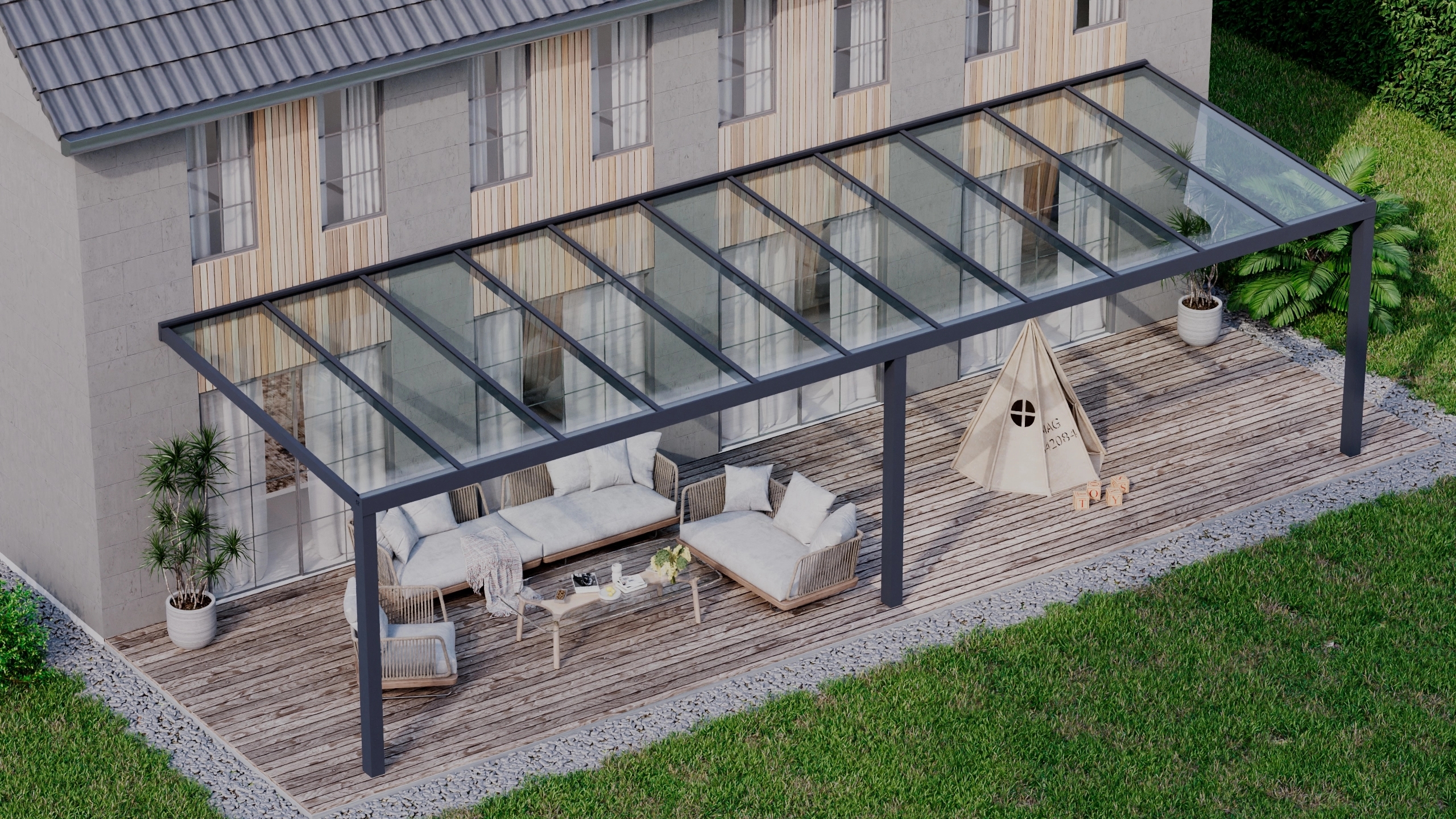 Terrasoverkapping 11,06m x 3,5m Antraciet RAL 7016 met VSG helder glas 8mm