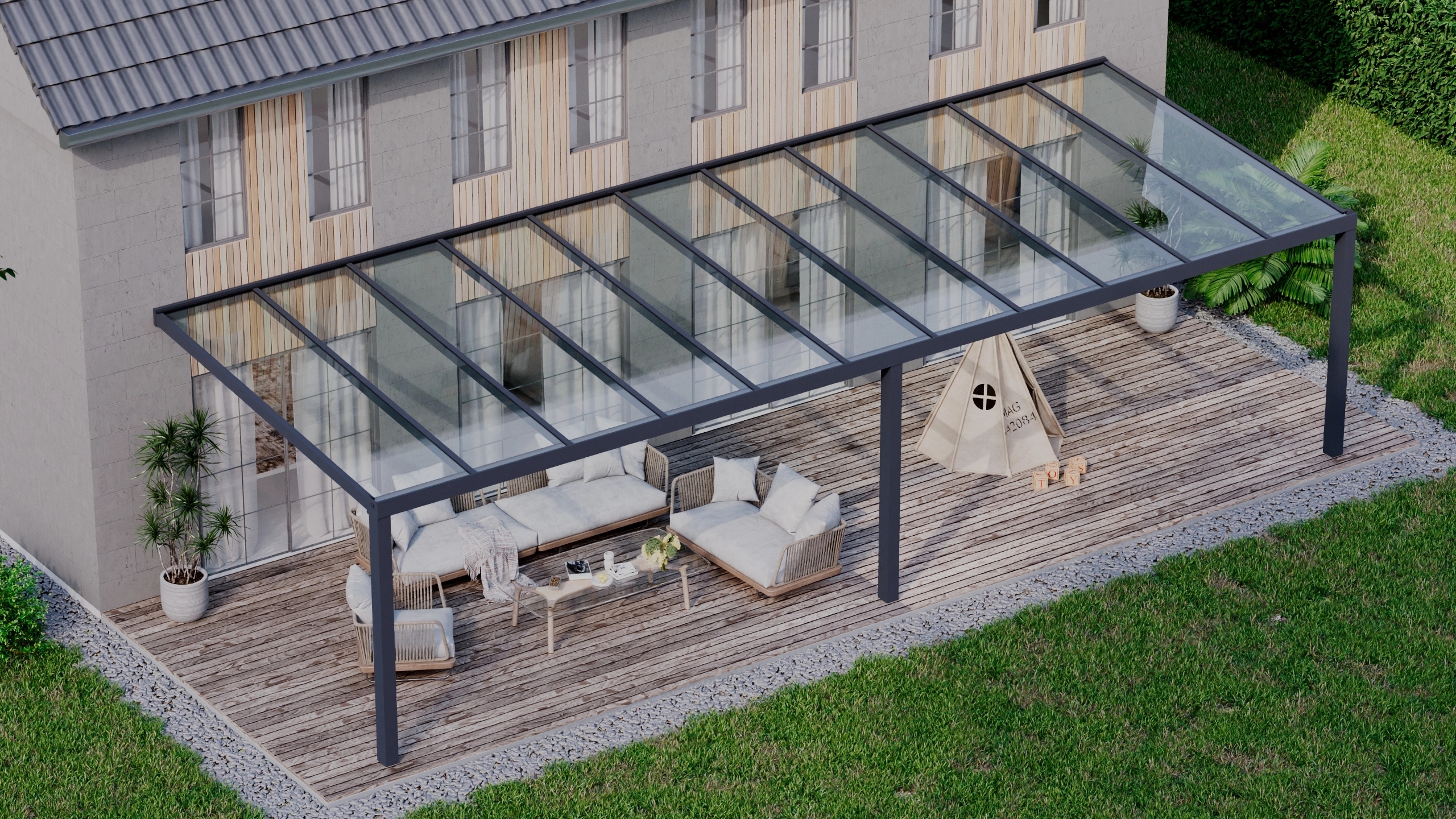 Terrasoverkapping 11,06m x 4m Antraciet RAL 7016 met VSG helder glas 8mm