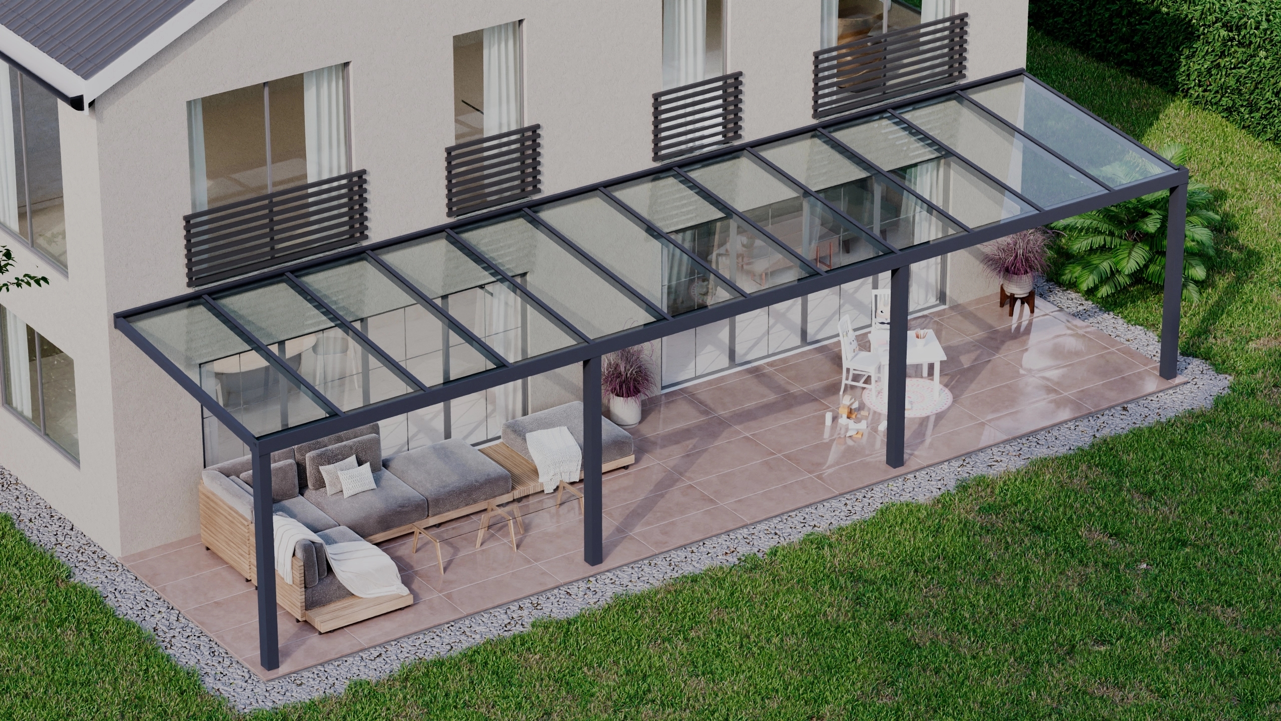 Terrasoverkapping 12,06m x 3m Antraciet RAL 7016 met VSG helder glas 8mm
