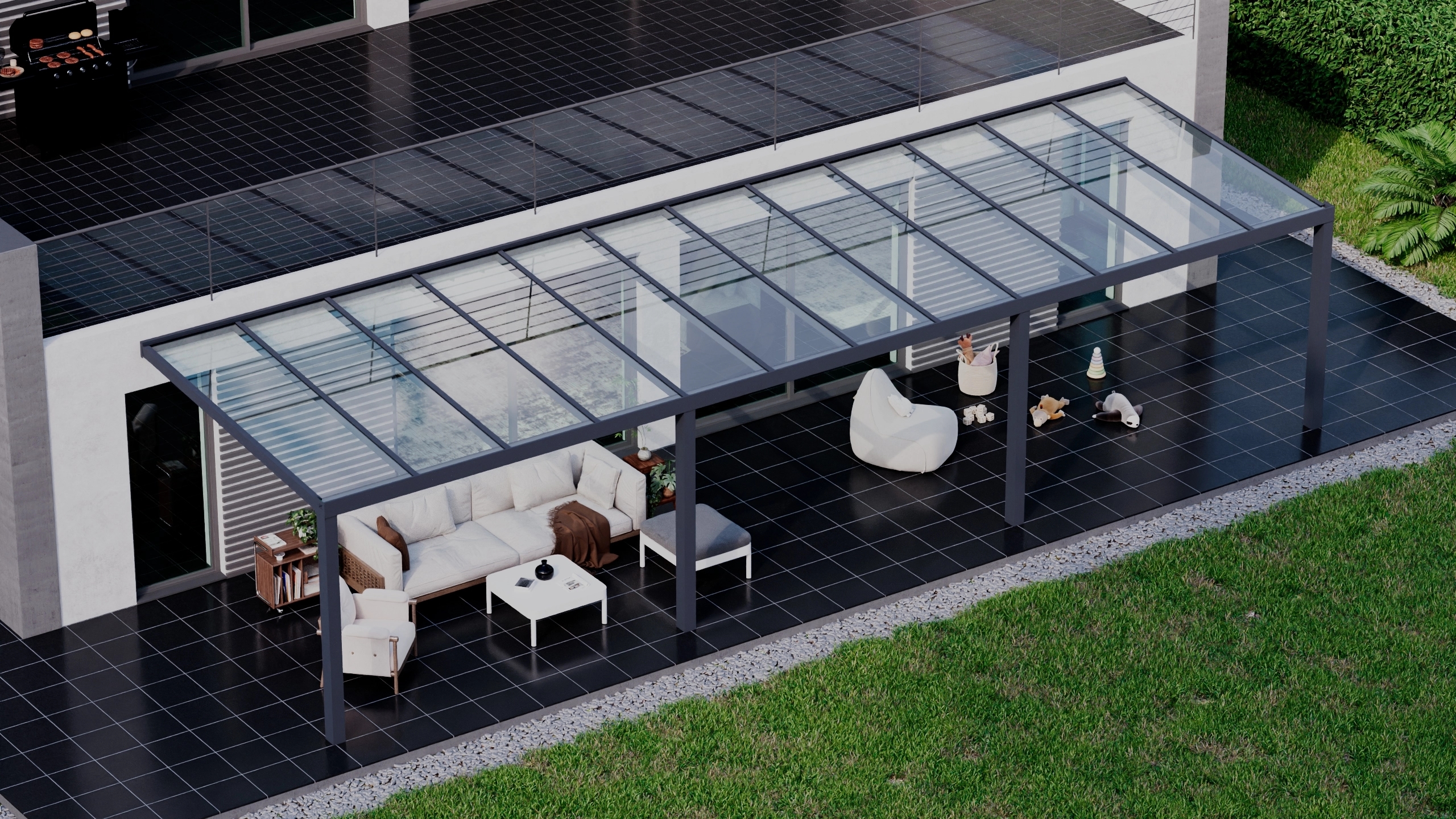 Terrasoverkapping 12,06m x 3,5m Antraciet RAL 7016 met VSG helder glas 8mm