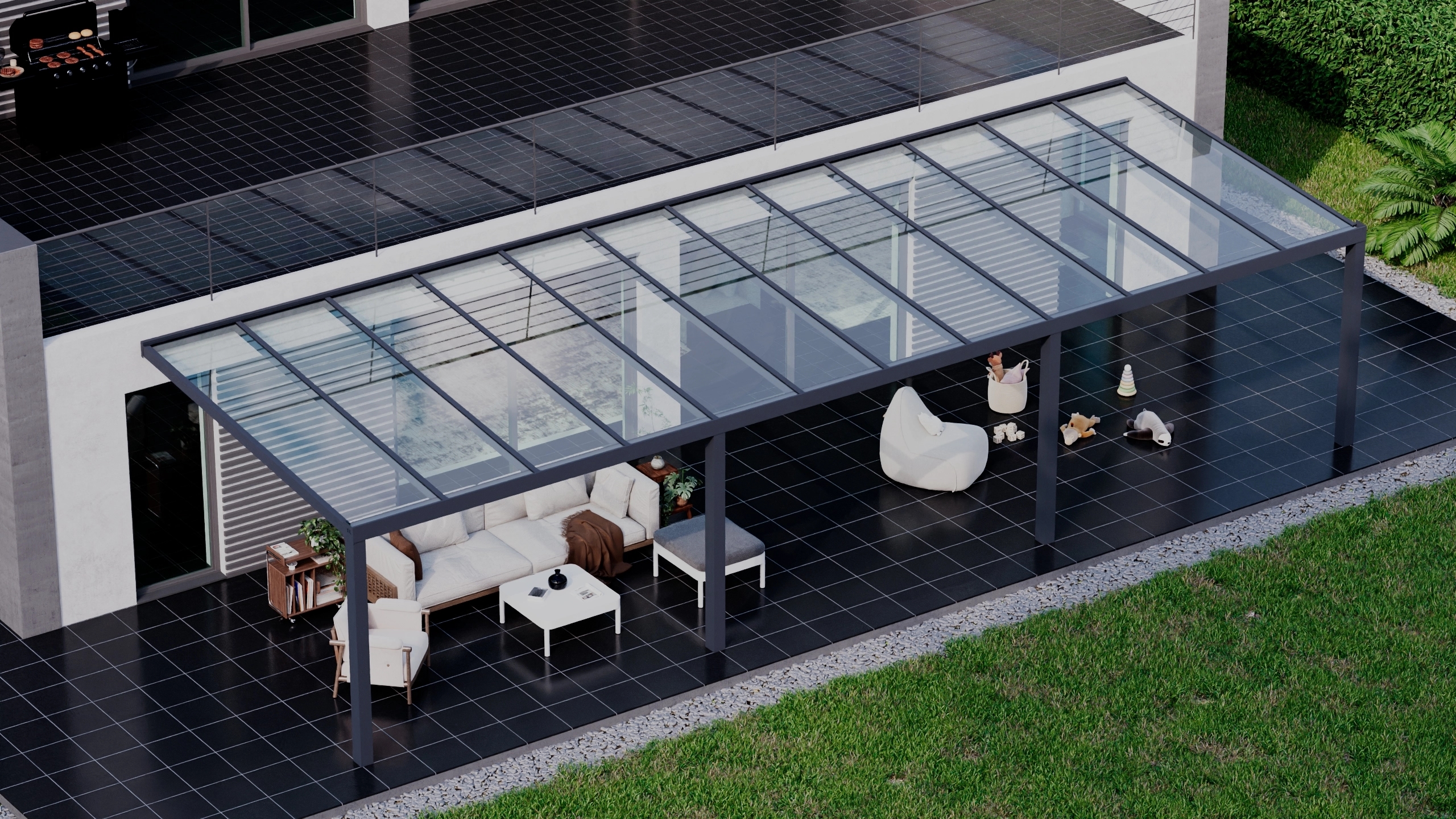 Terrasoverkapping 12,06m x 4m Antraciet RAL 7016 met VSG helder glas 8mm
