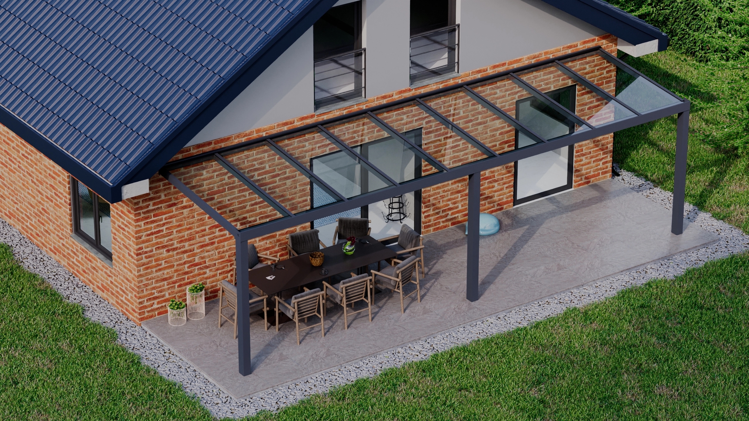 Terrasoverkapping 9,06m x 2,5m Antraciet RAL 7016 met VSG helder glas 8mm
