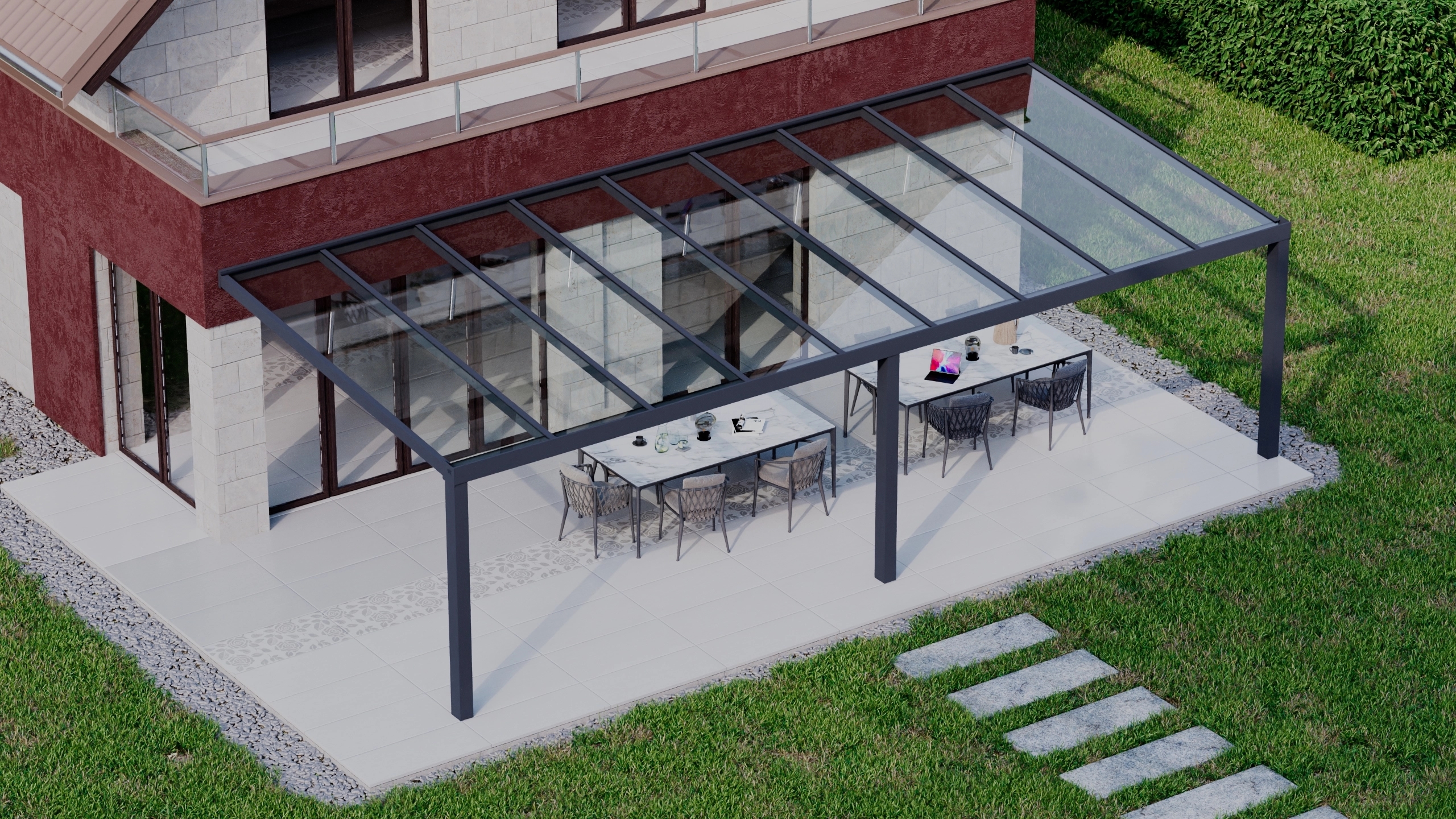 Terrasoverkapping 9,06m x 4m Antraciet RAL 7016 met VSG helder glas 8mm