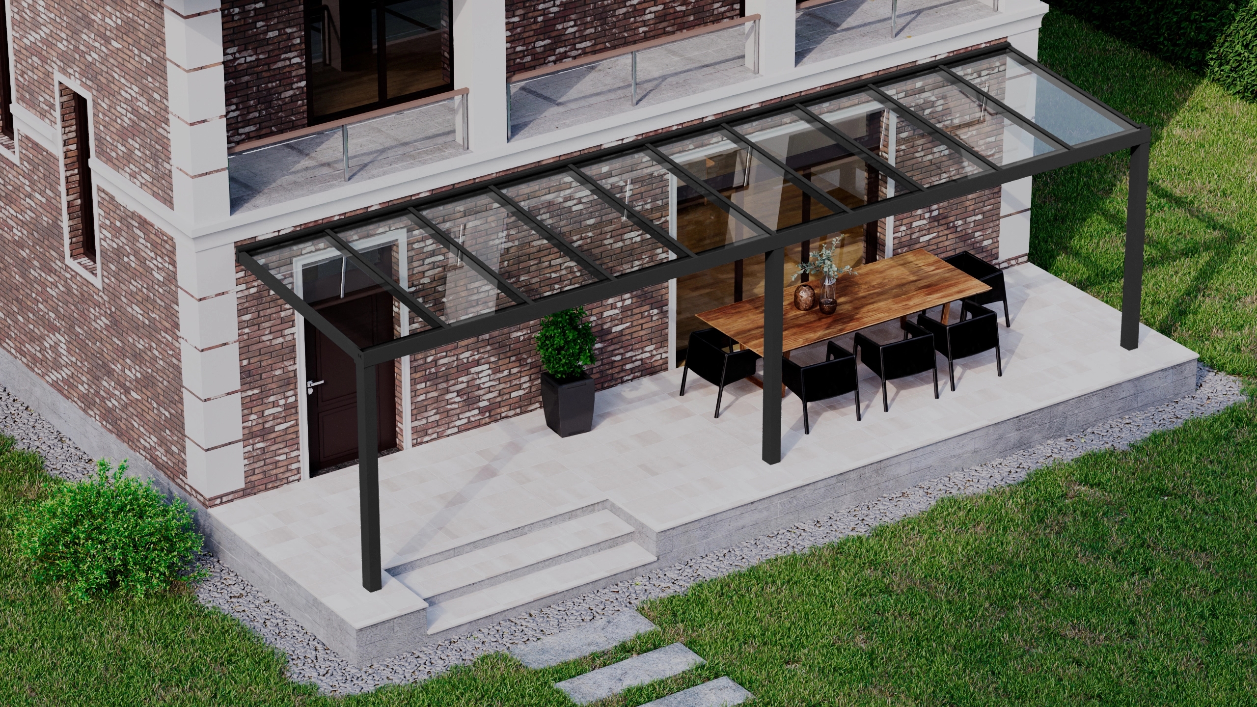 Terrasoverkapping 10,06m x 2,5m Zwart RAL 9005 met VSG helder glas 8mm