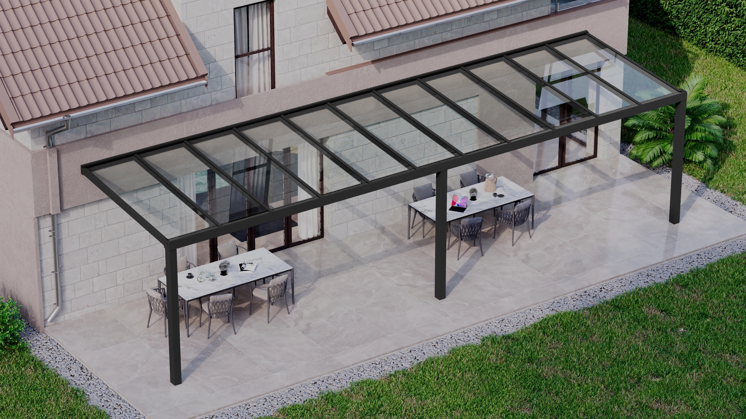 Terrasoverkapping 11,06m x 3m Zwart RAL 9005 met VSG helder glas 8mm