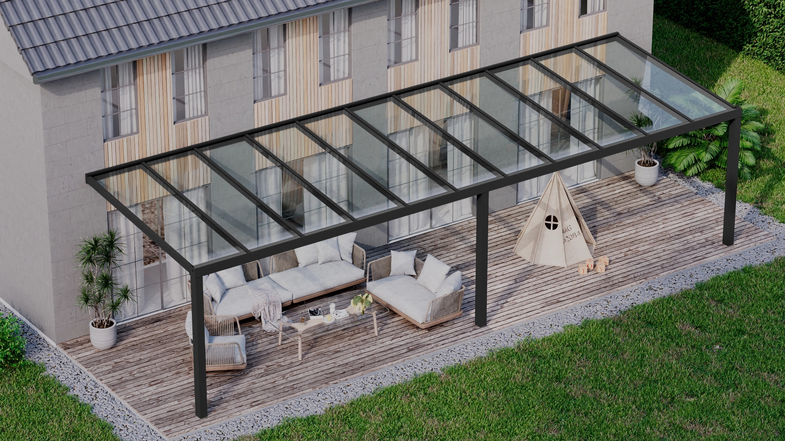 Terrasoverkapping 11,06m x 3,5m Zwart RAL 9005 met VSG helder glas 8mm
