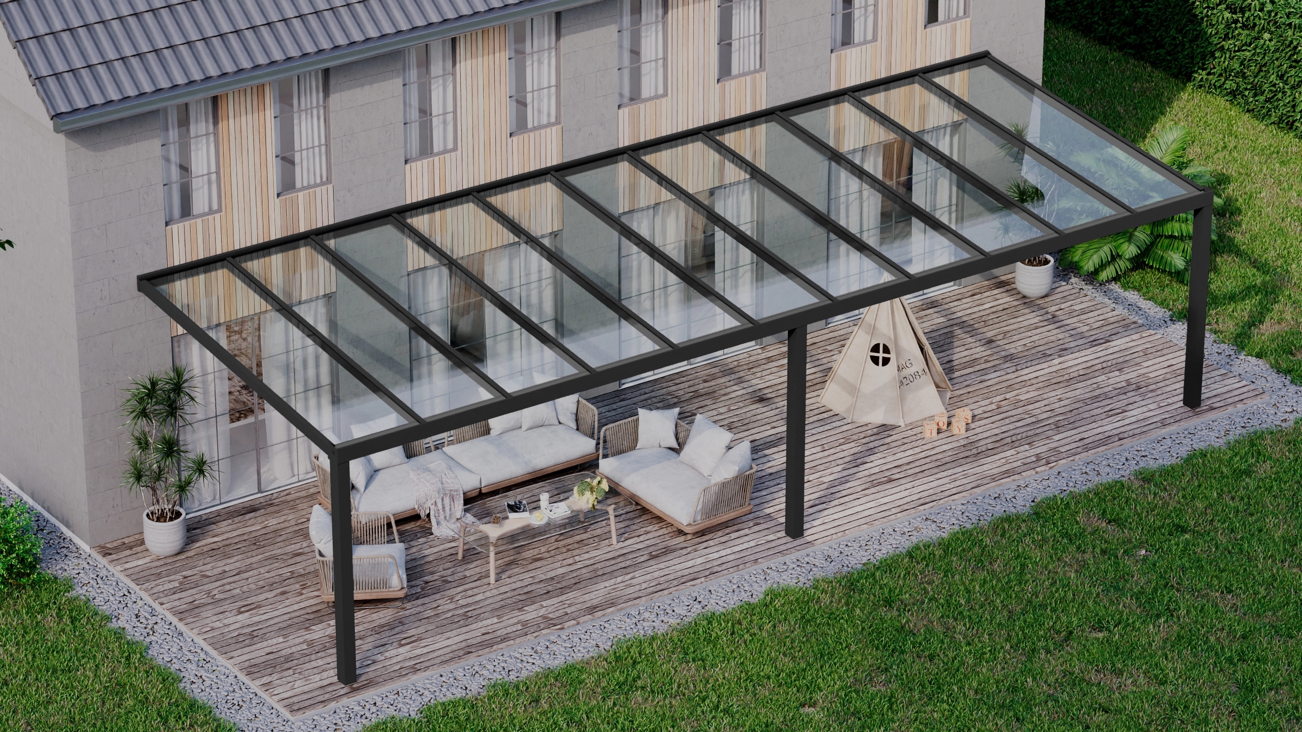 Terrasoverkapping 11,06m x 4m Zwart RAL 9005 met VSG helder glas 8mm