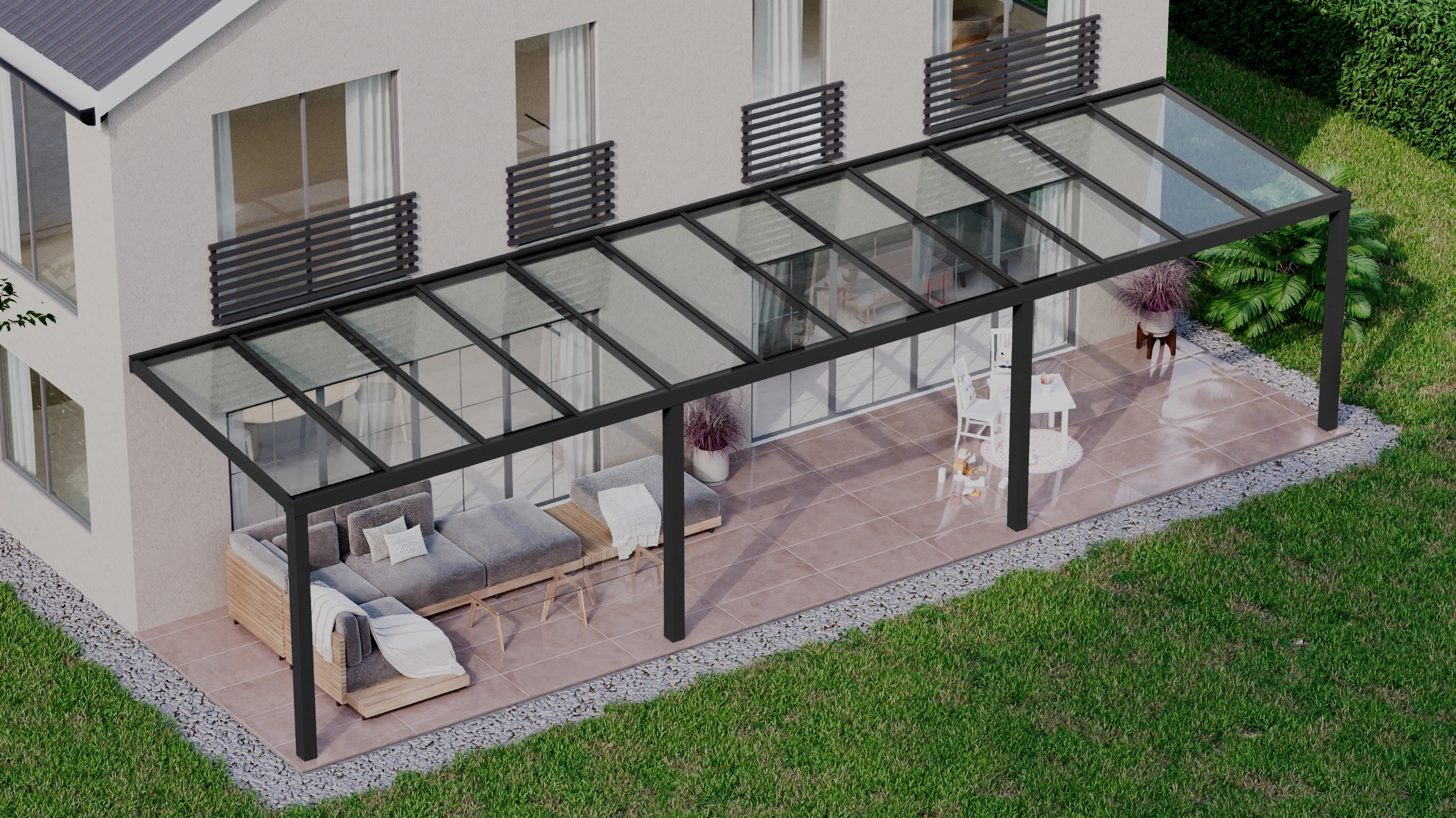 Terrasoverkapping 12,06m x 3m Zwart RAL 9005 met VSG helder glas 8mm