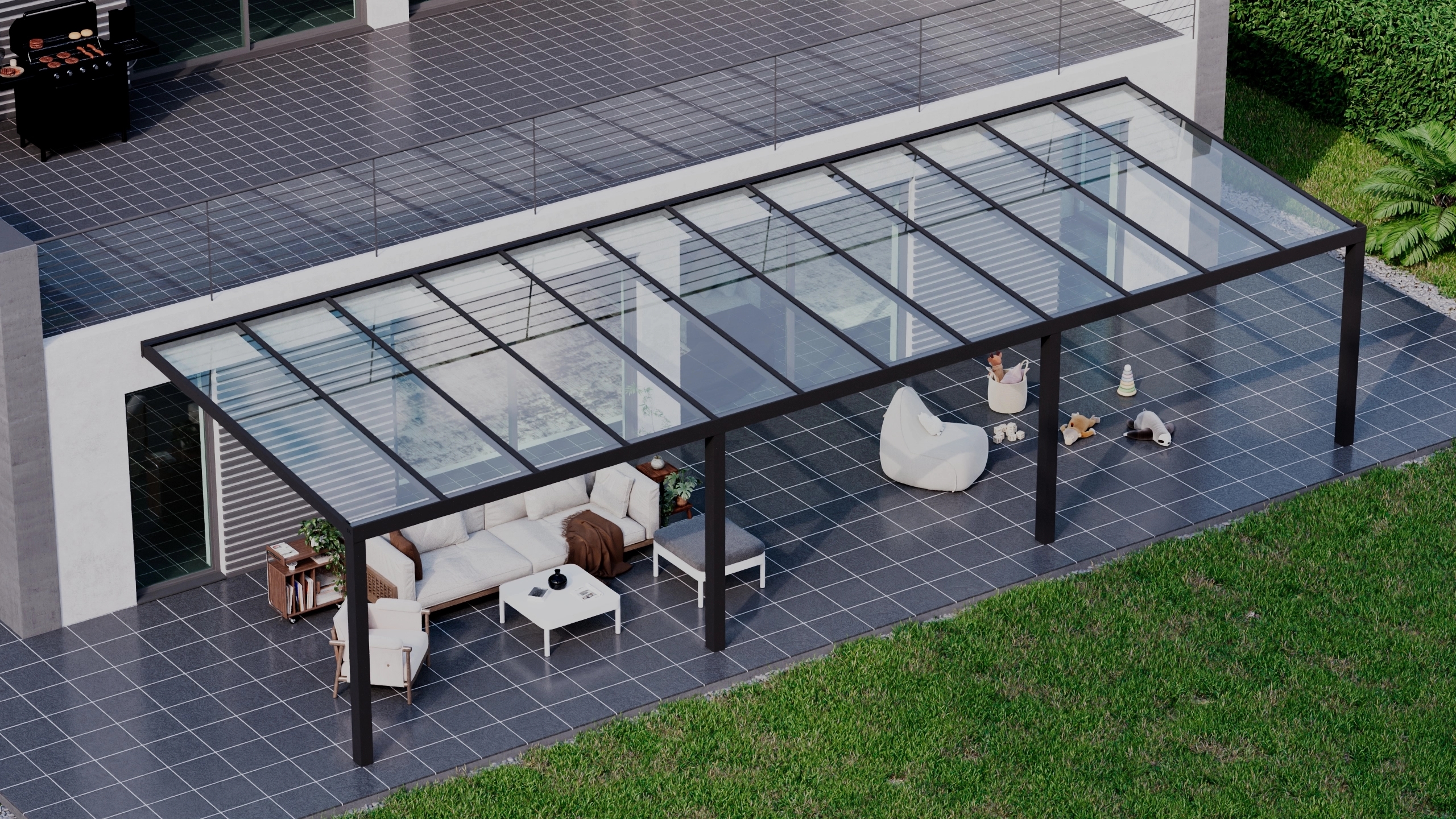 Terrasoverkapping 12,06m x 4m Zwart RAL 9005 met VSG helder glas 8mm