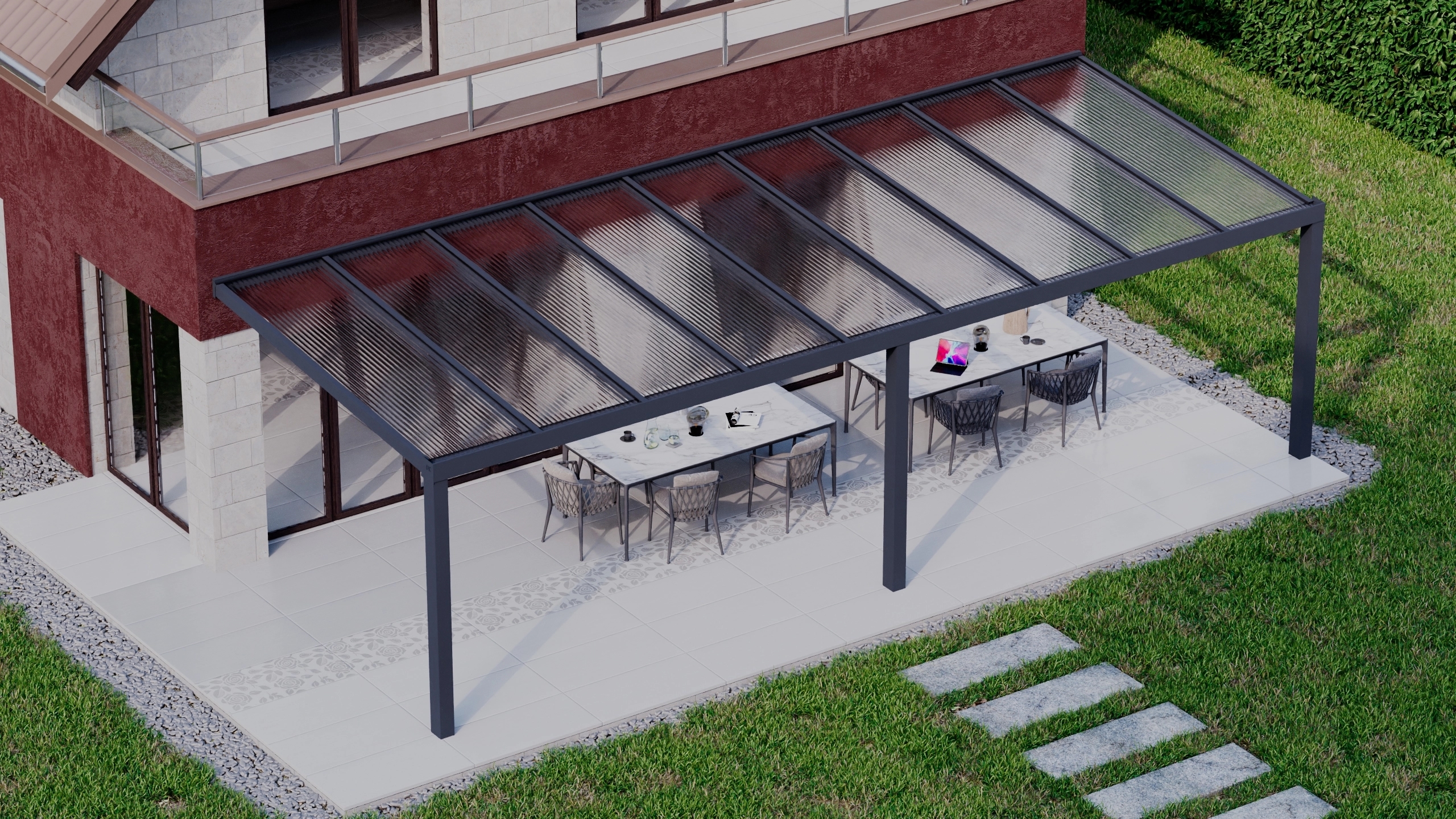 Terrasoverkapping 9,06m x 3,5m Antraciet RAL 7016 met polycarbonaat 16mm