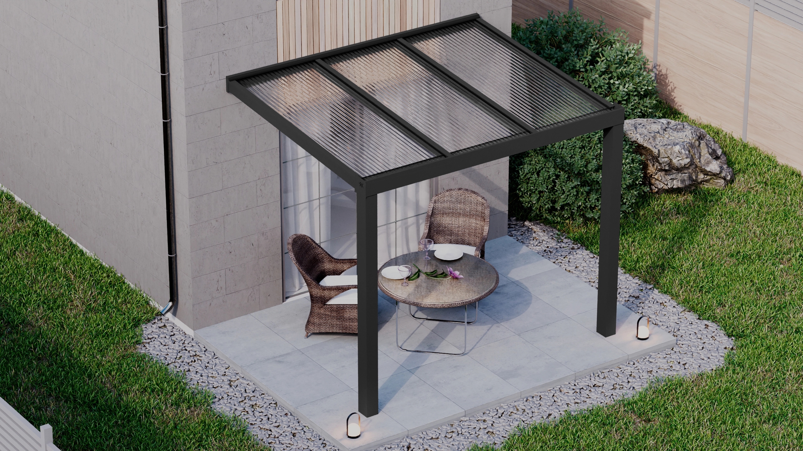 Terrasoverkapping 3,06m x 2,5m Zwart RAL 9005 met polycarbonaat 16mm