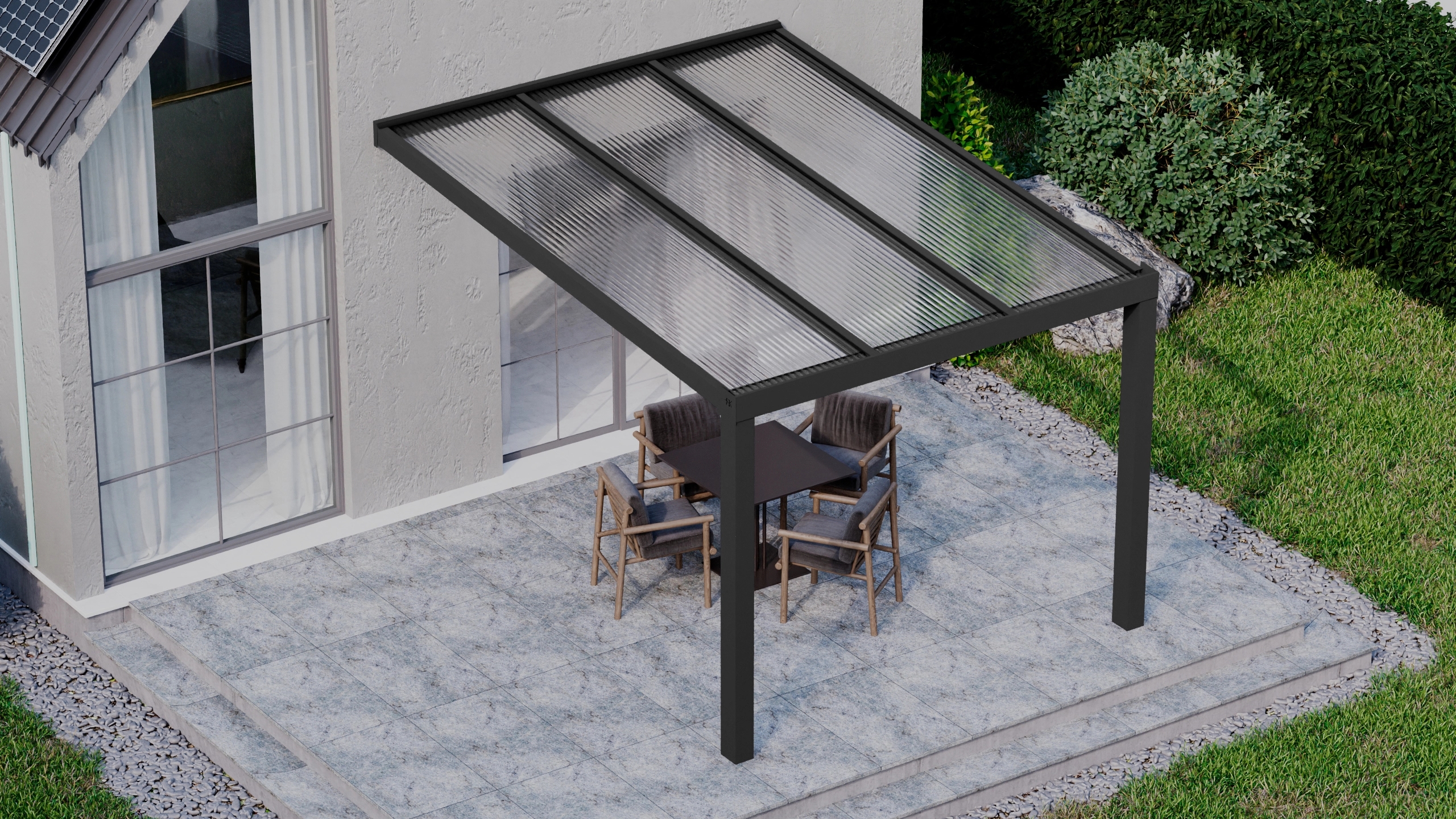 Terrasoverkapping 3,06m x 4m Zwart RAL 9005 met polycarbonaat 16mm