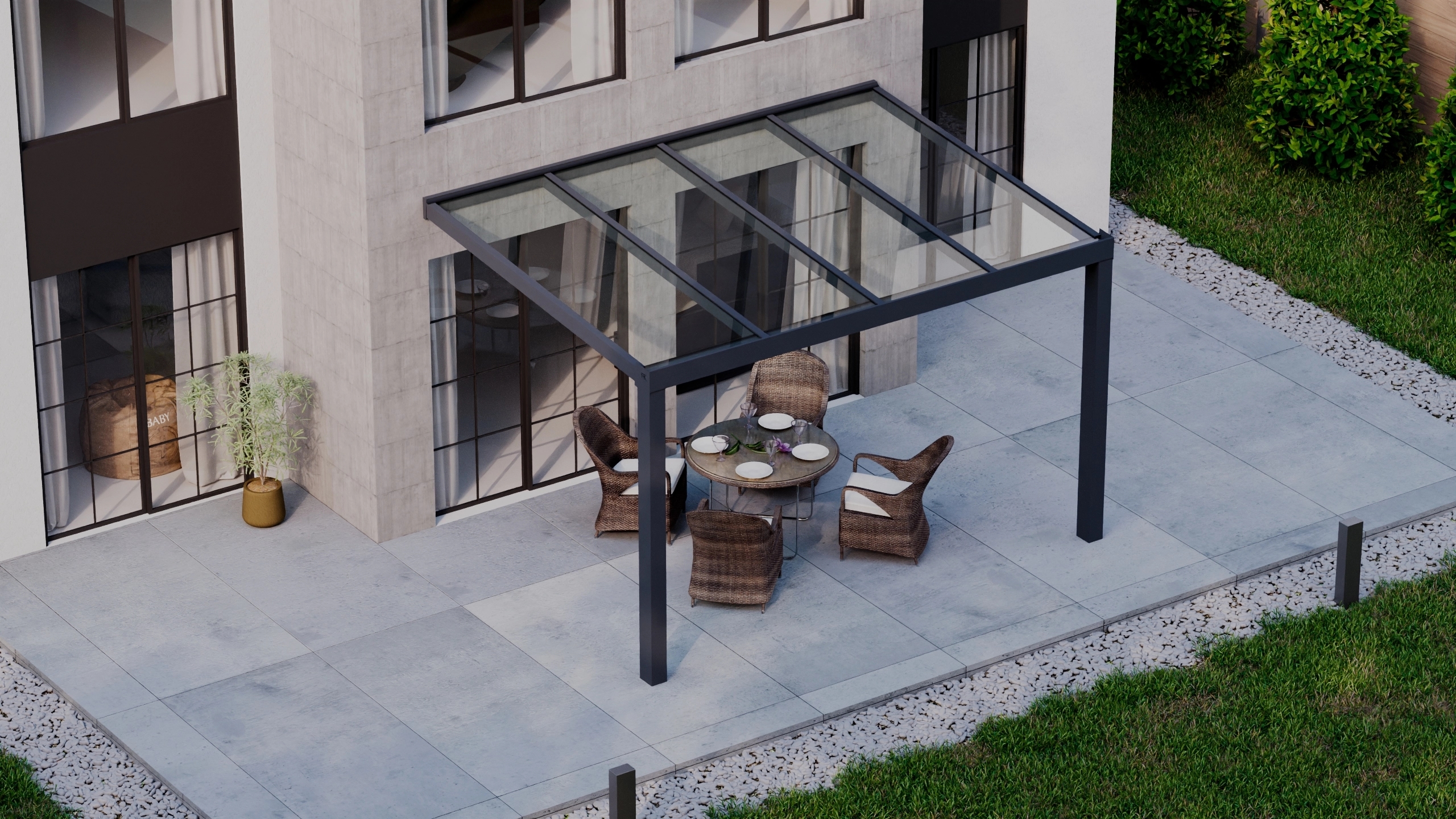 Terrasoverkapping 4,06m x 3m Antraciet RAL 7016 met VSG helder glas 8mm