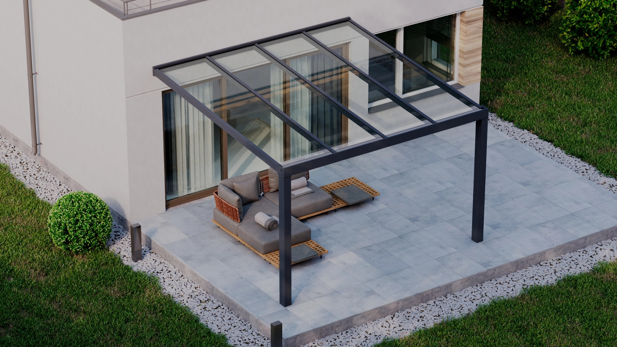 Terrasoverkapping 4,06m x 4m Antraciet RAL 7016 met VSG helder glas 8mm