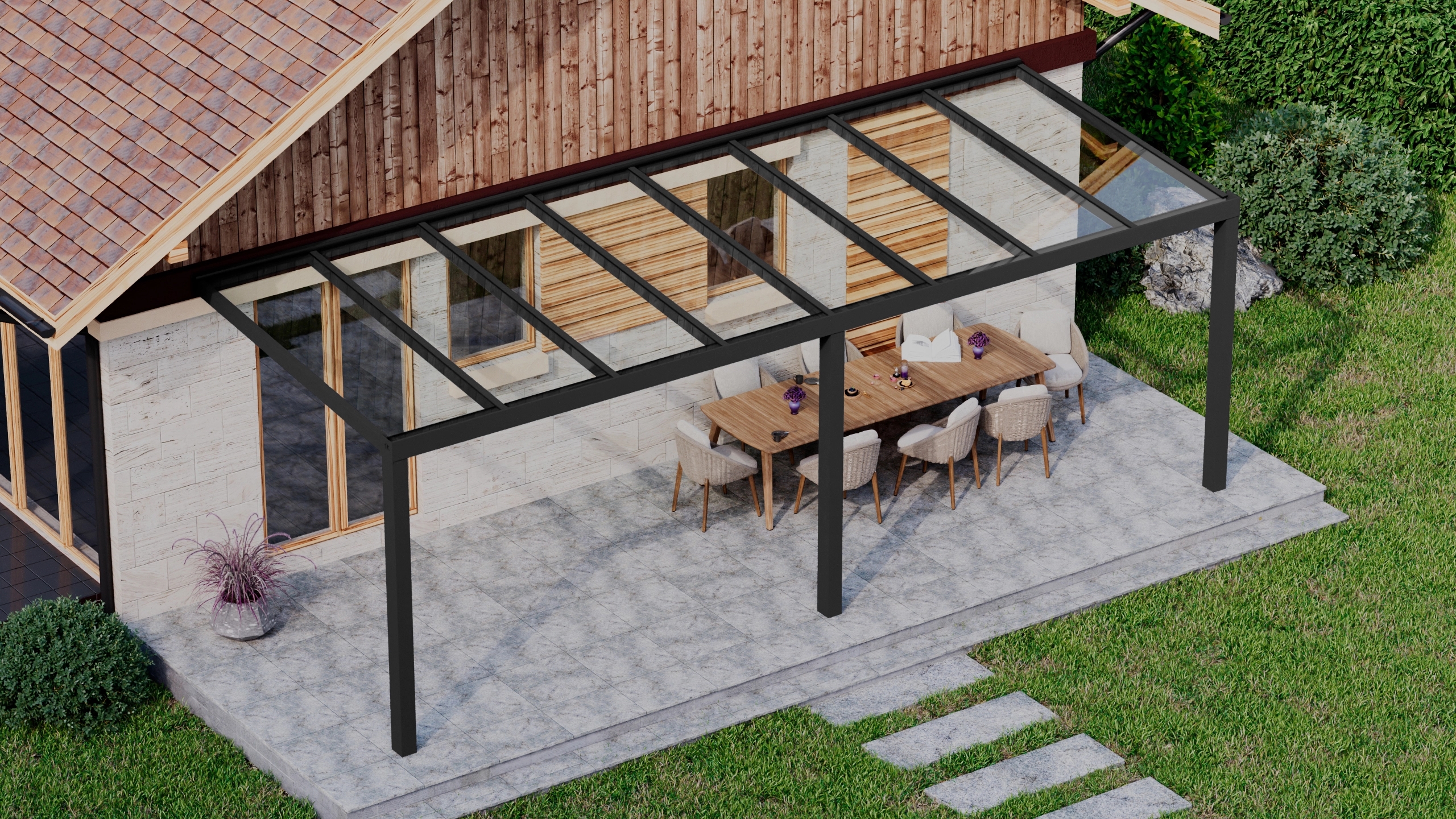 Terrasoverkapping 8,06m x 3m Zwart RAL 9005 met VSG helder glas 8mm
