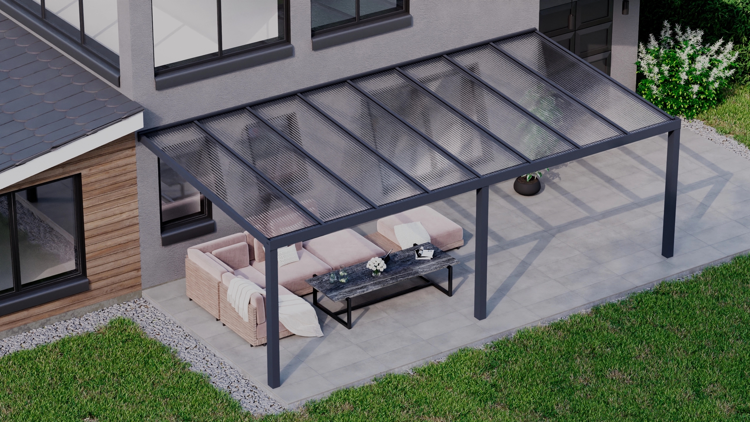 Terrasoverkapping 8,06m x 4m Antraciet RAL 7016 met polycarbonaat 16mm